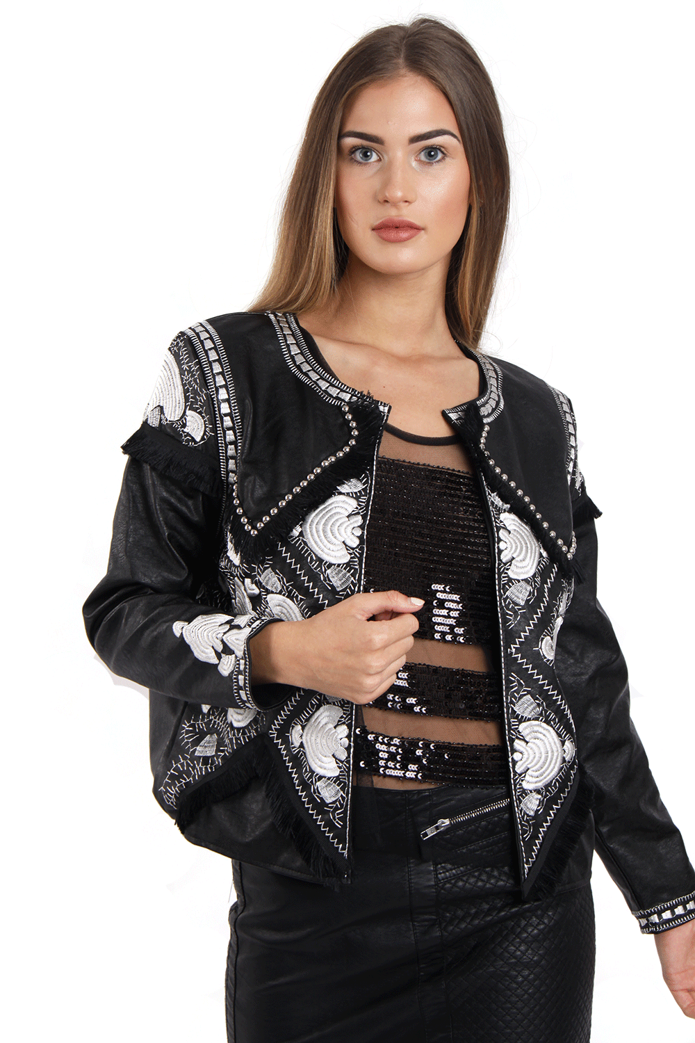Black and White Embellished Faux Leather Jacket Urban Mist UK