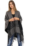 Black and Grey Check Tassel Blanket Reversible Poncho