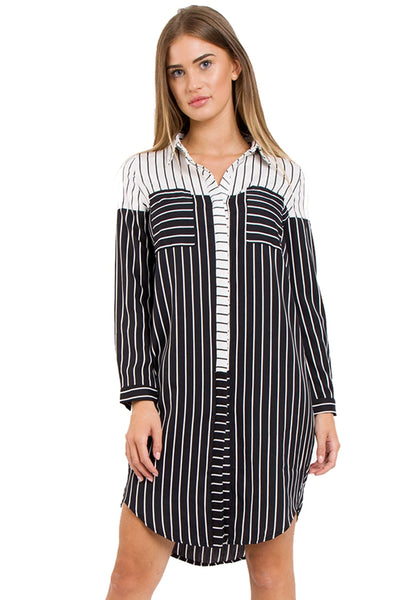 Black and White Striped Longline Shirt With Split Side