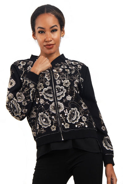 Grey Embellished Floral Design Bomber Jacket