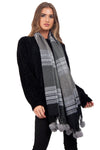 Grey Tassel Trim Rabbit Fur Pom Pom Check Tartan Scarf