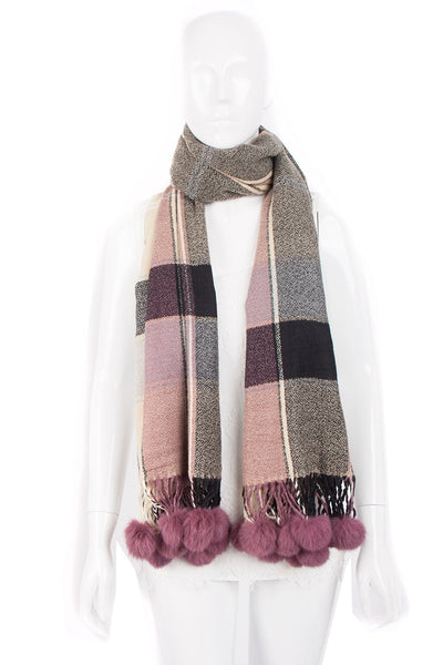 Pink Tassel Trim Rabbit Fur Pom Pom Check Tartan Scarf – Urban Mist UK