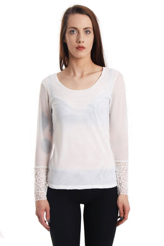 Long Sleeve Sheer Mesh Top With Lace Cuff