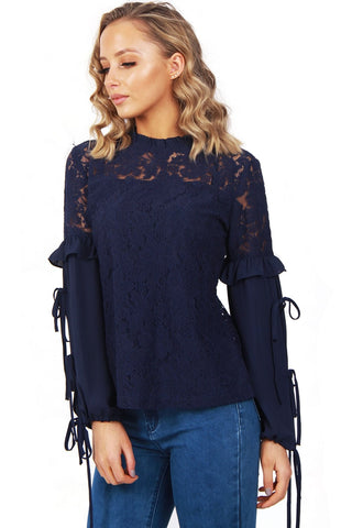 Lace Ruffle Tie Sleeve Blouse Top