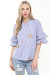 Oversized Stripe Flower Embroidered Ruffle Sleeve Bow Tie Neck Top