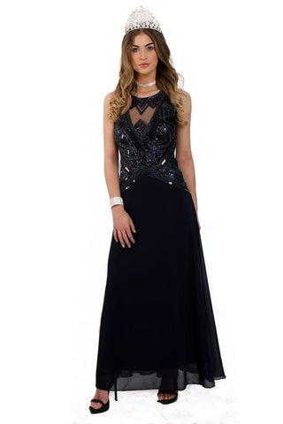 Navy Mesh Embelished Bodice Chiffon Prom Dress