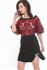 Black and Red Satin and Lace Off Shoulder Ruffle Sleeve Top