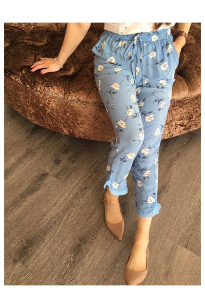 Powder Blue Small Floral Pleat Trousers