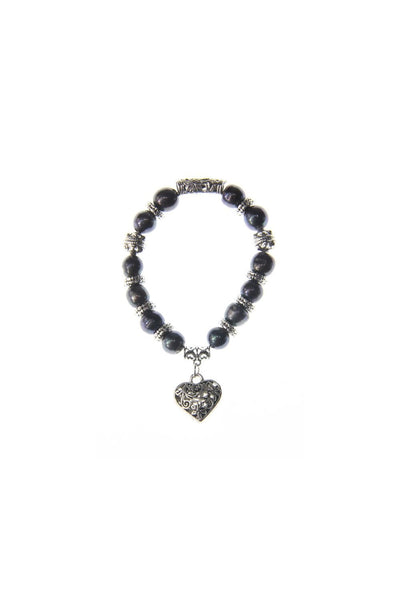 Charcoal Beaded Metal Heart Pendant Bracelet
