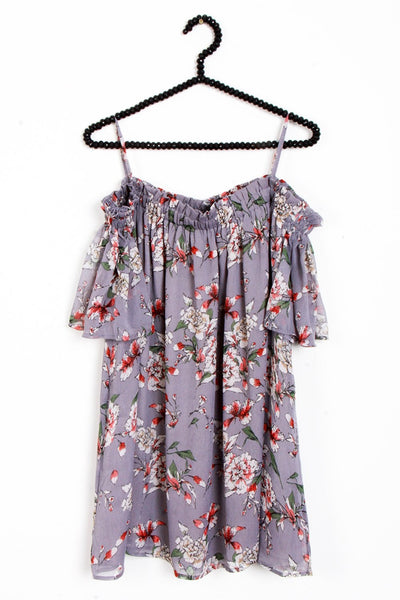 Grey Floral Print Chiffon Off Shoulder Summer Dress Top