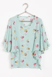 Mint Green Vintage Floral Print Batwing Frill Top