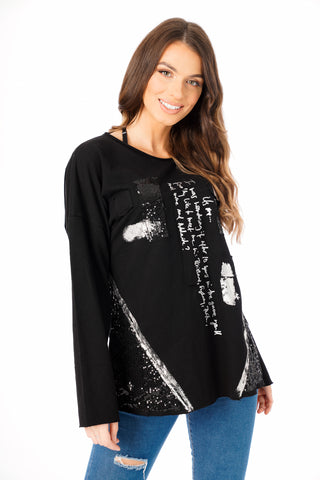 Oversized Patchwork Jersey Jumper with Sequin in black