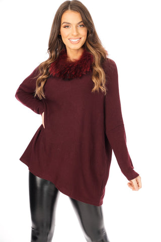 Oversized Fur Trim Collar Knitted Jumper in burgundy