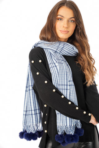 Tartan Print Woolly Scarf with Faux Fur Pom Pom