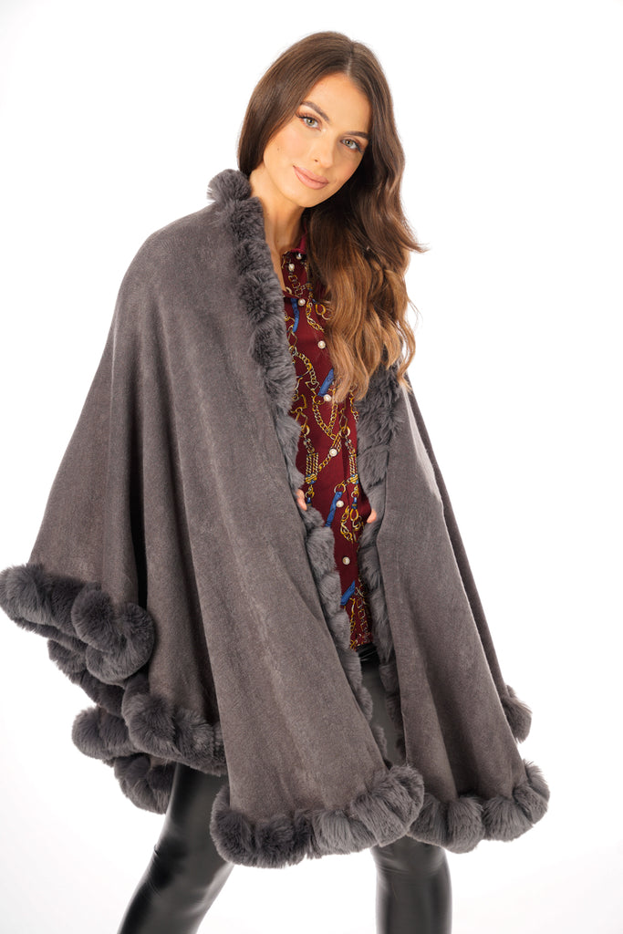 Ultra Soft Faux Fur Trim Swing Poncho Cape Urban Mist UK