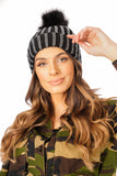 FAUX Fur Bobble Pom Pom Beanie Hat with Rhinestones Gem