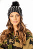 FAUX Fur Bobble Pom Pom Beanie Hat with Rhinestones Gem in black/silver