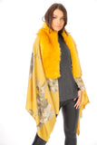 Cashmere Feels Faux Fur Collar Fringe Shawl/Scarf with Floral Print