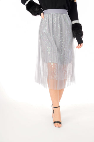 Pleated Mesh Midi Skirt with Wave Sequin
