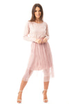 Pleated Mesh Midi Skirt with Feather Sequins in pink