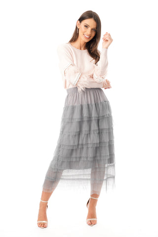 Layered Tulle Mesh Long Skirt in grey