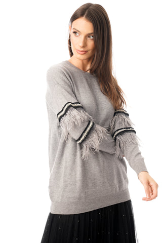 Soft Knit Jumper with Beaded and Feather detail Sleeve