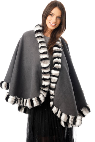 Knitted Faux Fur Poncho with Duo Colour Fur Trim in grey