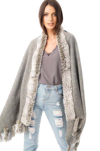 Fur Cashmere & Wool Shawl Wrap in light Grey