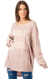 Long Sleeve Knitted Top with Diamante Mesh Patchwork in pink