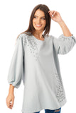 Long Sleeve Tunic Top with Floral Embroidery in light grey