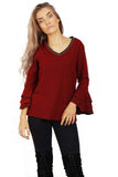 Green Red Stripe V Neck Knit Jumper with Ruffle Sleeves