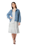 Oversized Denim Blue Beaded Fringe Button Up Jacket