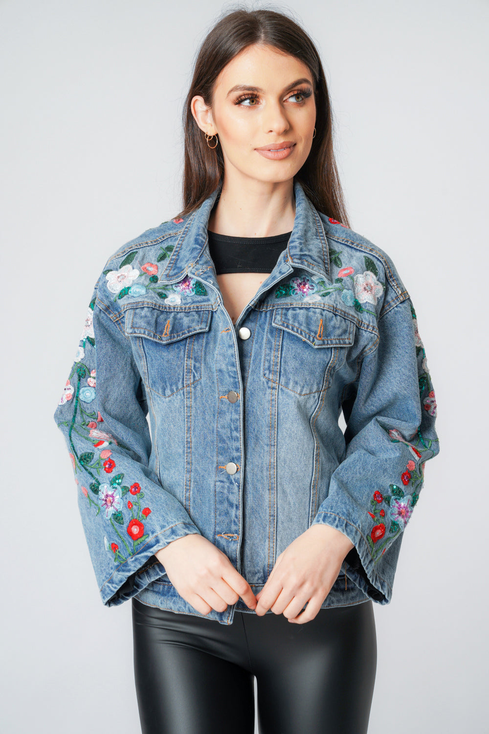 Denim Blue Floral Embroidery Flare Sleeve Jacket – Urban Mist UK