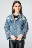 Denim Blue Floral Embroidery Flare Sleeve Jacket