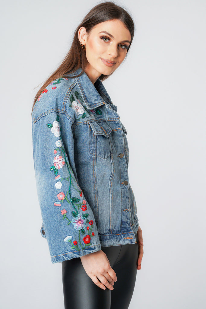 Denim Blue Floral Embroidery Flare Sleeve Jacket – Urban Mist UK