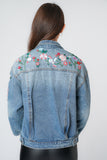 Denim Blue Floral Embroidery Flare Sleeve Jacket