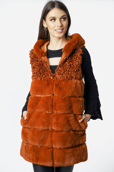 Mixed Fur Hooded Long Gilet