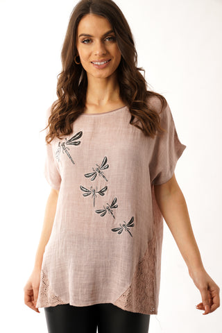 dragonfly dusty pink linen top