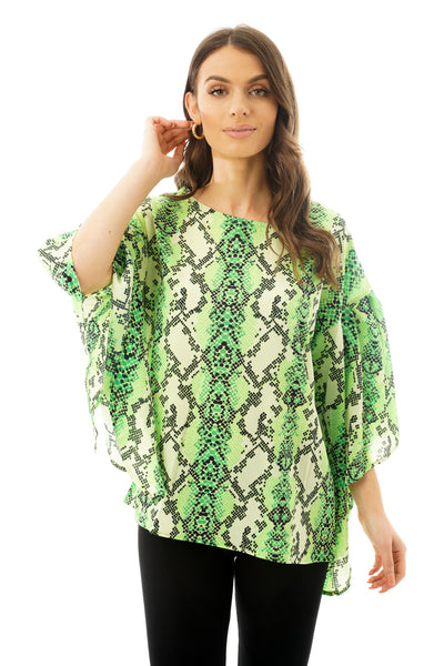 Green Snakeskin Printed Chiffon Floaty Sleeve Top