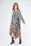 Stripe and Leopard Print Border Floaty Asymmetric Dress