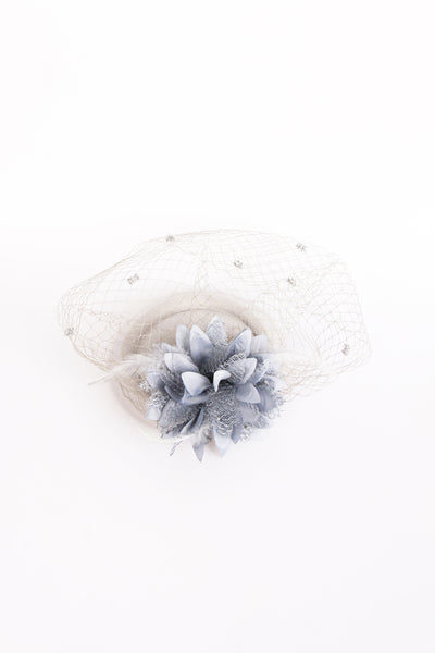 GREY FLORAL FEATHER AND MESH FASCINATOR FOR WEDDINGS