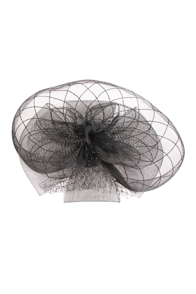 Black large mesh net fascinator with feathers