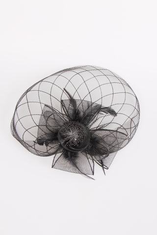 Black Bow tie fascinator with floral and feathers