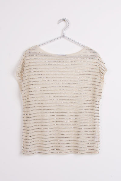 Beige Mesh embellished shinny top