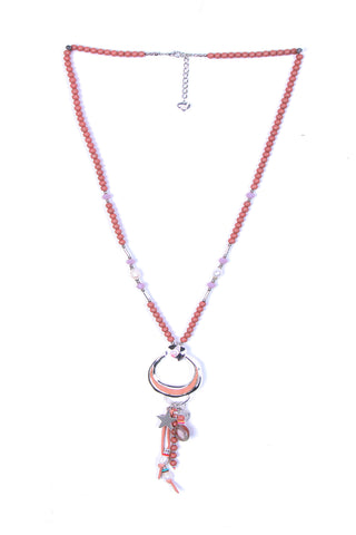 Long Beads Necklace with Crescent Moon Ring and Star Pendant