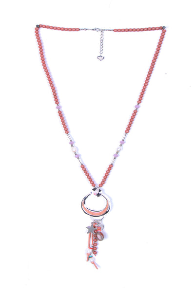 Long Beads Necklace with Crescent Moon Ring and Star Pendant
