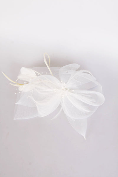 White Flower Feather Net Fascinator with Headband