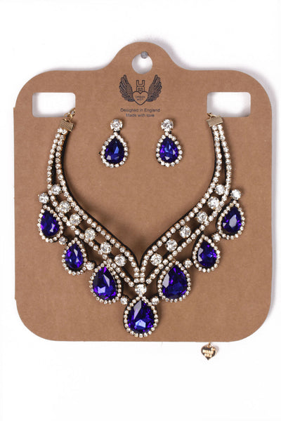 Teardrop Diamante 2-Piece Necklace and Earrings Set in royal blue