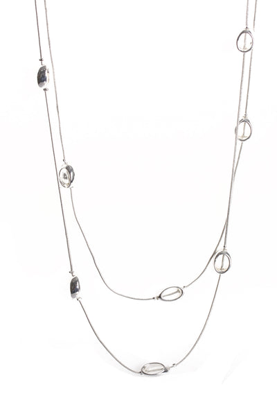 Double Layered Circle Interlink Chain Long Necklace in silver
