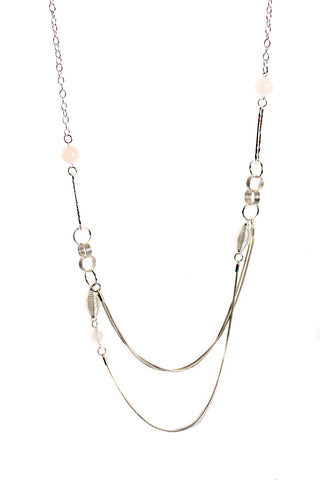 Double Layered Interlink Chain Long Necklace with Crystal Ball in silver
